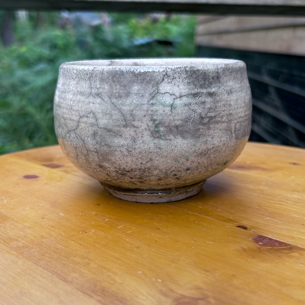 Vintage Raku Pottery Chawan Tea Bowl Gray Crackle Glaze MCM Spaulding Taylor